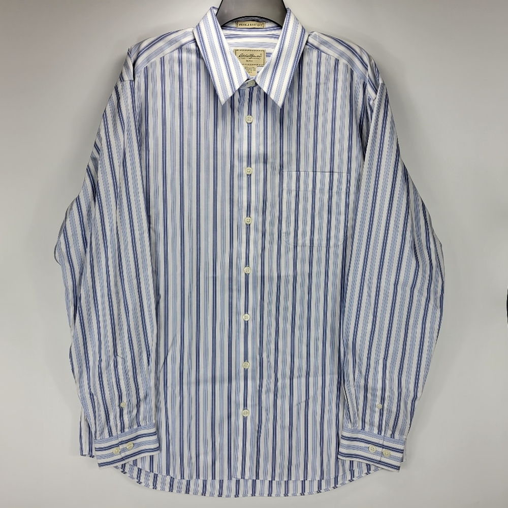 Eddie Bauer Long Sleeve Button Front Stripe Shirt Men XL Tall Blue White Classic